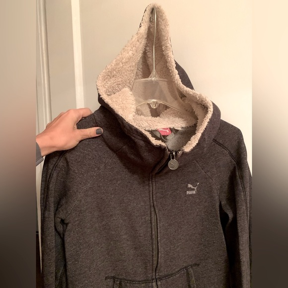 Puma - zip high-neck dark grey sweatshirt, fuzzy hood - size small - Picture 4 of 12